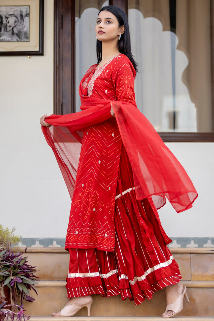 Red Embroidered Cotton Kurta Sharara Set With Dupatta