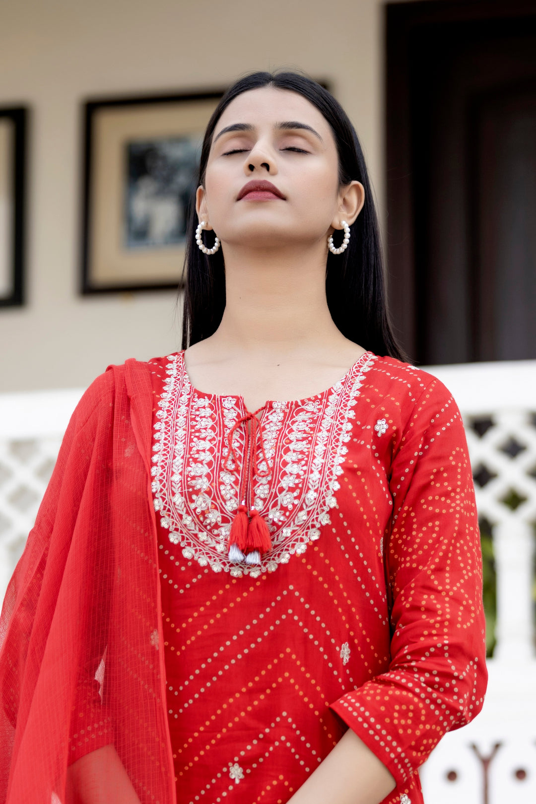 Red Embroidered Cotton Kurta Sharara Set With Dupatta