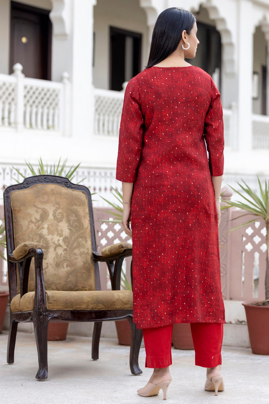 Red Gold Printed Modal Silk Kurta Pant Set