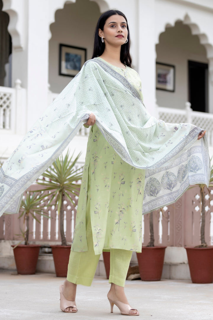 Green Floral Printed Modal Silk Kurta Pant And Dupatta Set