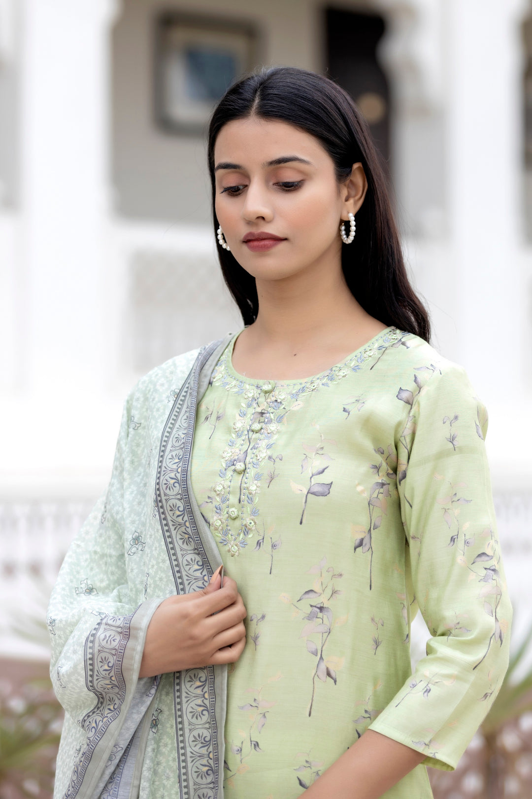 Green Floral Printed Modal Silk Kurta Pant And Dupatta Set