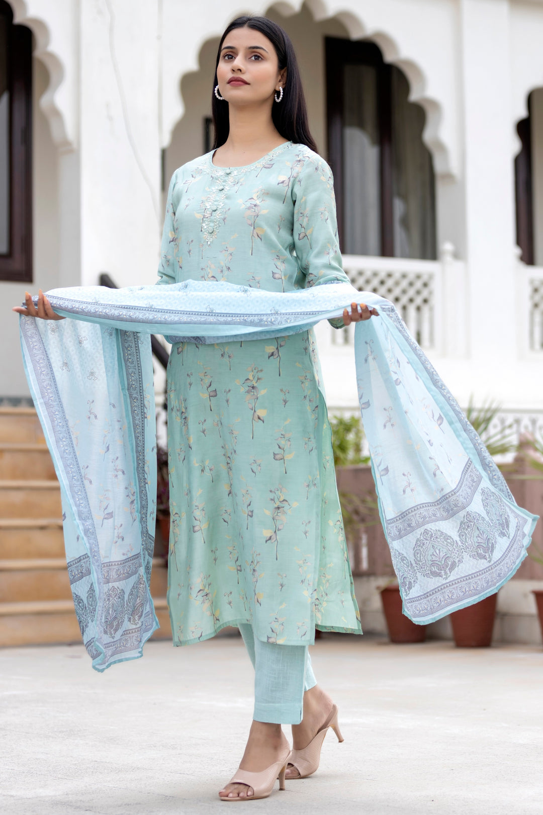 Buy Blue Floral Silk Suit Set for Women | Best Silk Dress Online in India