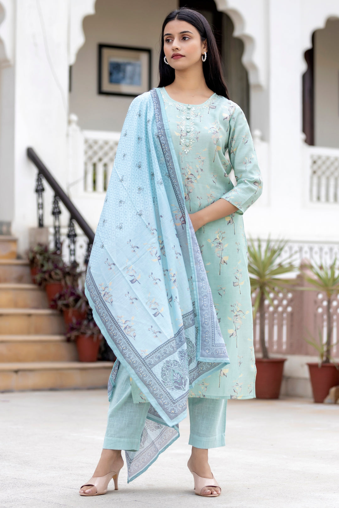 Sky Floral Printed Modal Silk Kurta Pant And Dupatta Set