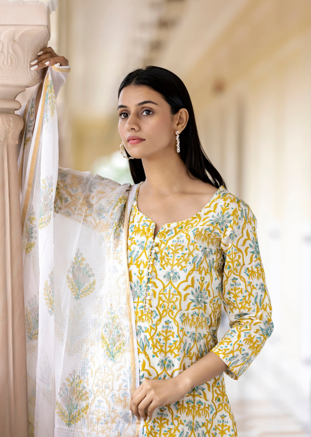 Yellow Floral Printed Cotton Suit Set (pack of 3)