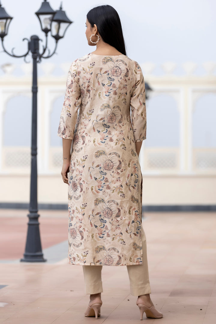 Cream Floral Printed Modal Silk Suit Set