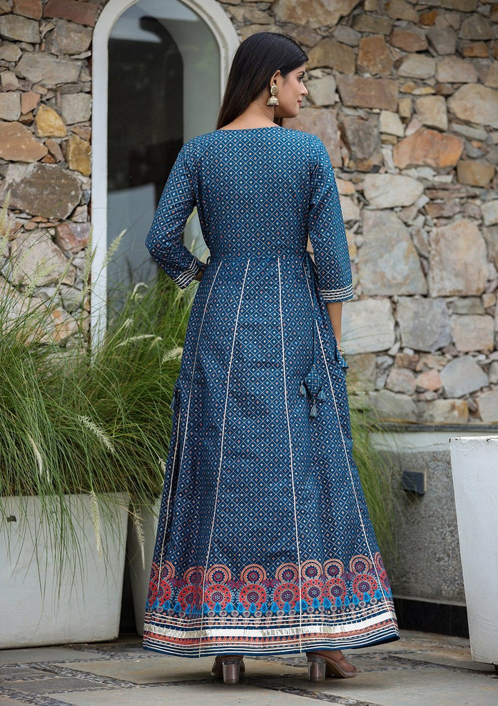 Blue Gold Printed Cotton Ethnic Dress (pack of 1)