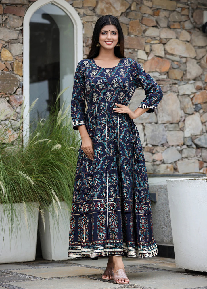 Blue Gold Printed Embroidered Cotton Ethnic Dress (pack of 1)