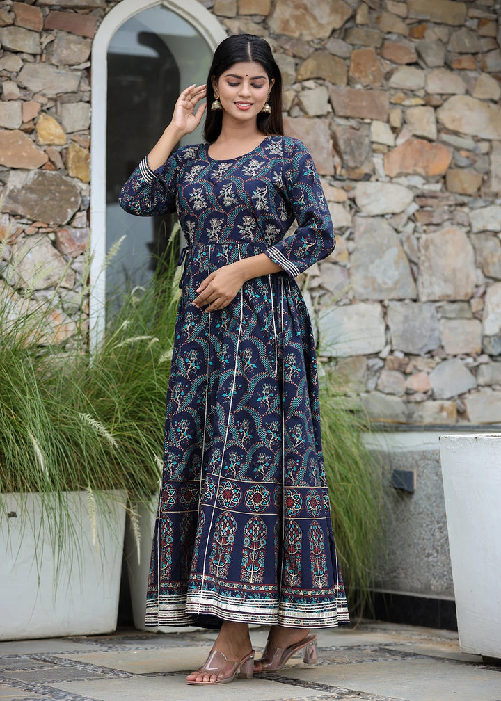 Blue Gold Printed Embroidered Cotton Ethnic Dress (pack of 1)