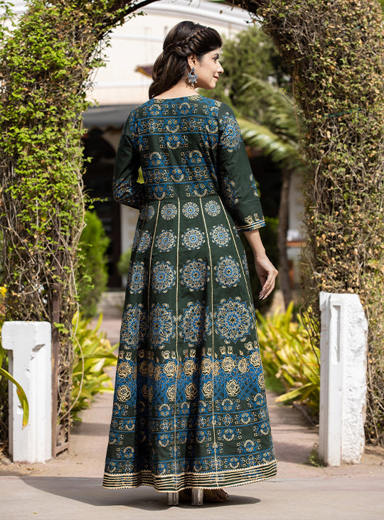 Buy Designer Green Cotton Ethnic Gown | Best Ethnic Dress for Females Online