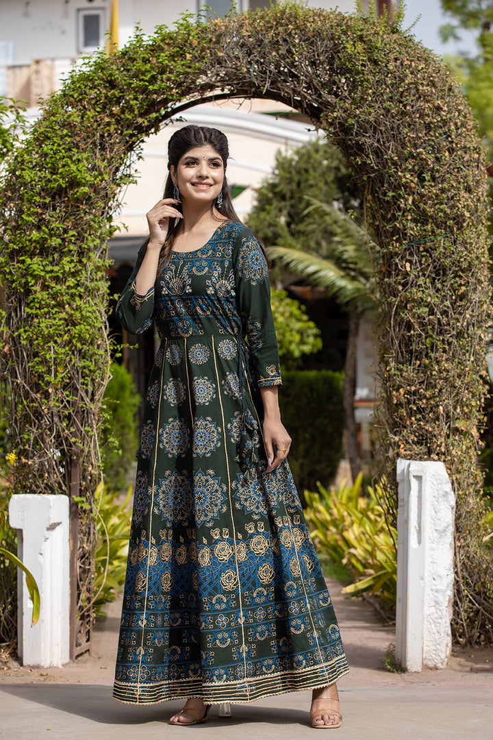 Buy Designer Green Cotton Ethnic Gown | Best Ethnic Dress for Females Online