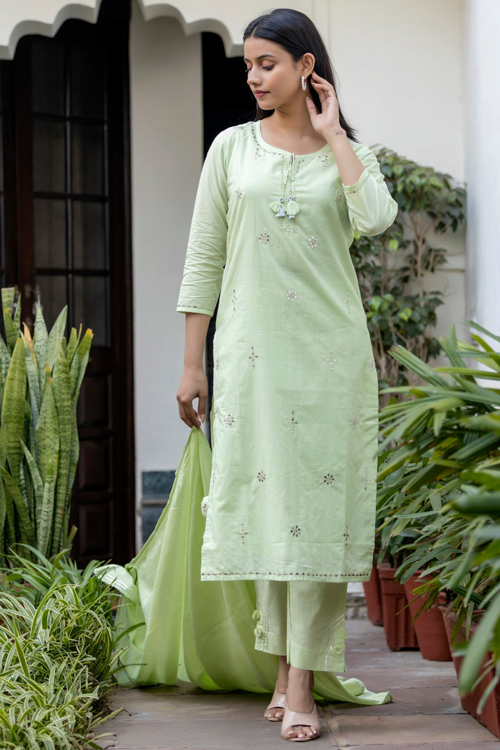 Green Mirror Embellished Cotton Suit Set (pack of 3)