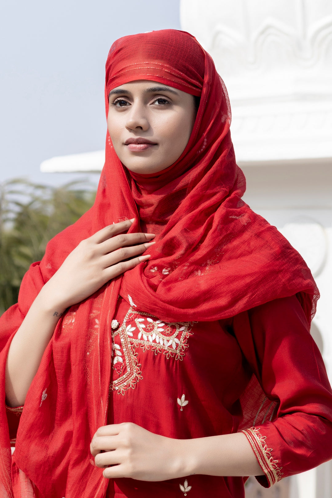 Red Modal Silk Kurta Sharara And Dupatta Set