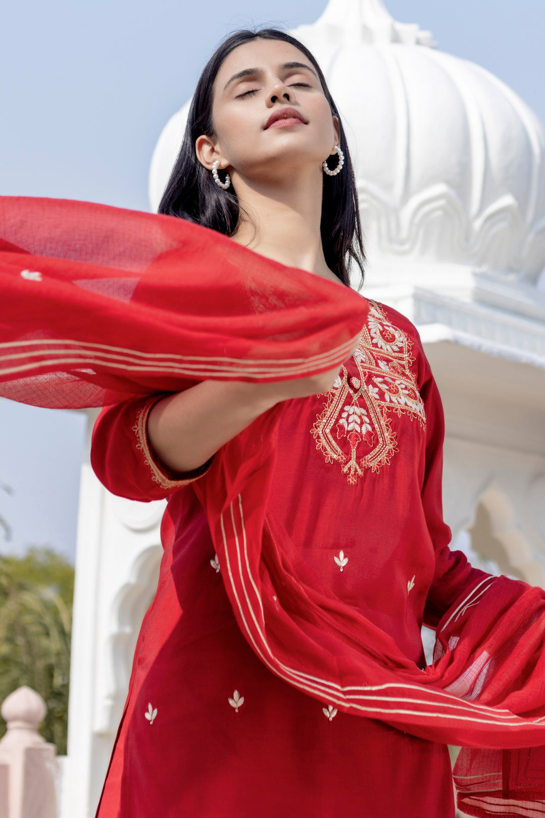 Red Modal Silk Kurta Sharara And Dupatta Set (pack of 3)