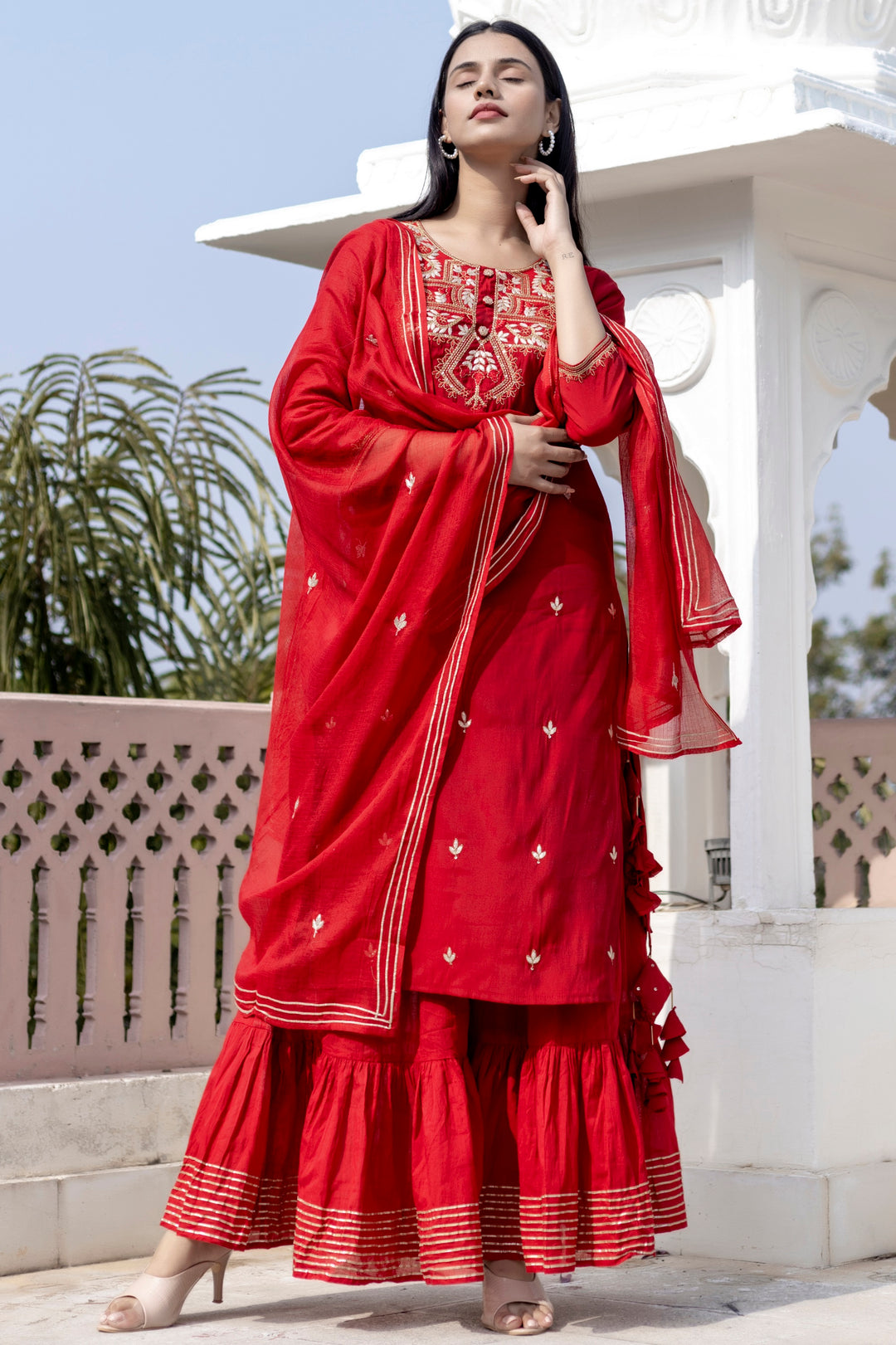 Red Modal Silk Kurta Sharara And Dupatta Set