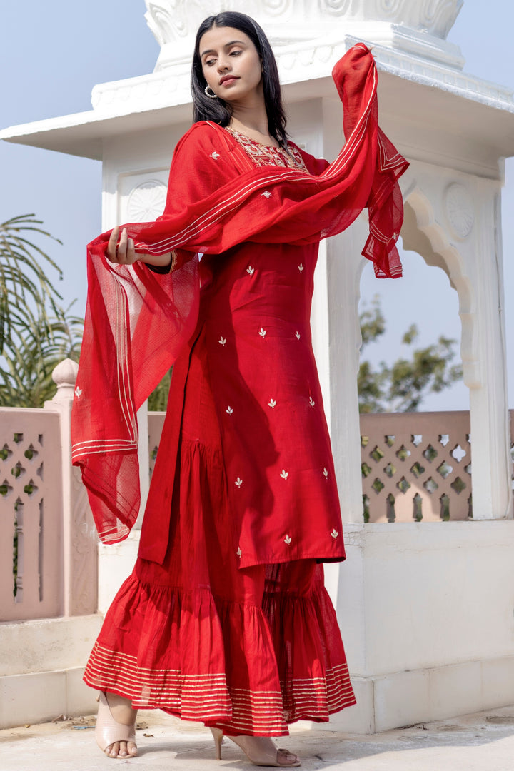 Red Modal Silk Kurta Sharara And Dupatta Set (pack of 3)