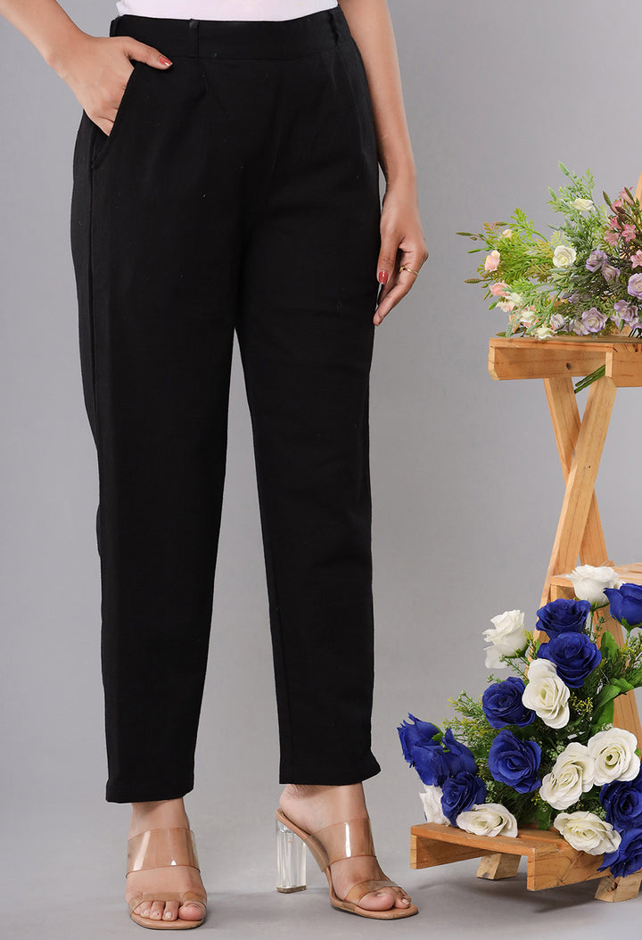 Women Black Cotton Straight Trouser ( set of 1 )