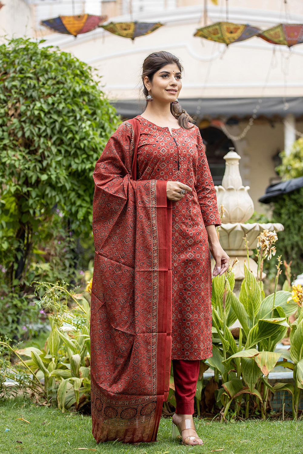 Red Printed Cotton Suit Set