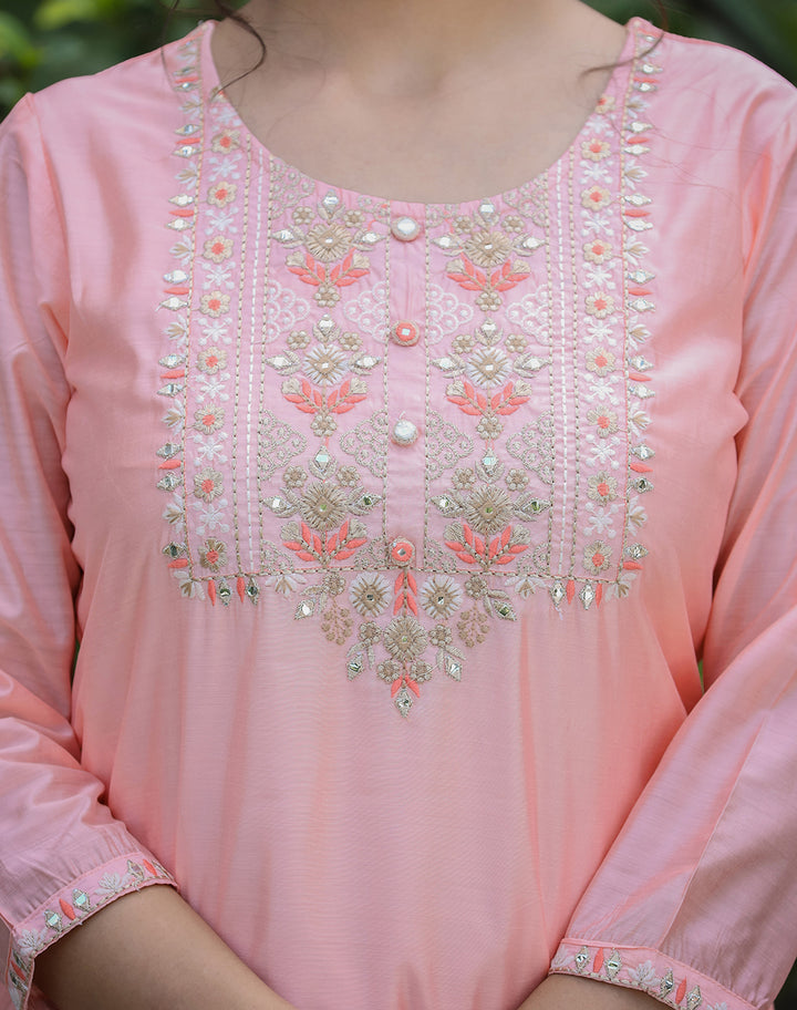 Pink Floral Modal Silk Kurta Pant Set With Dupatta