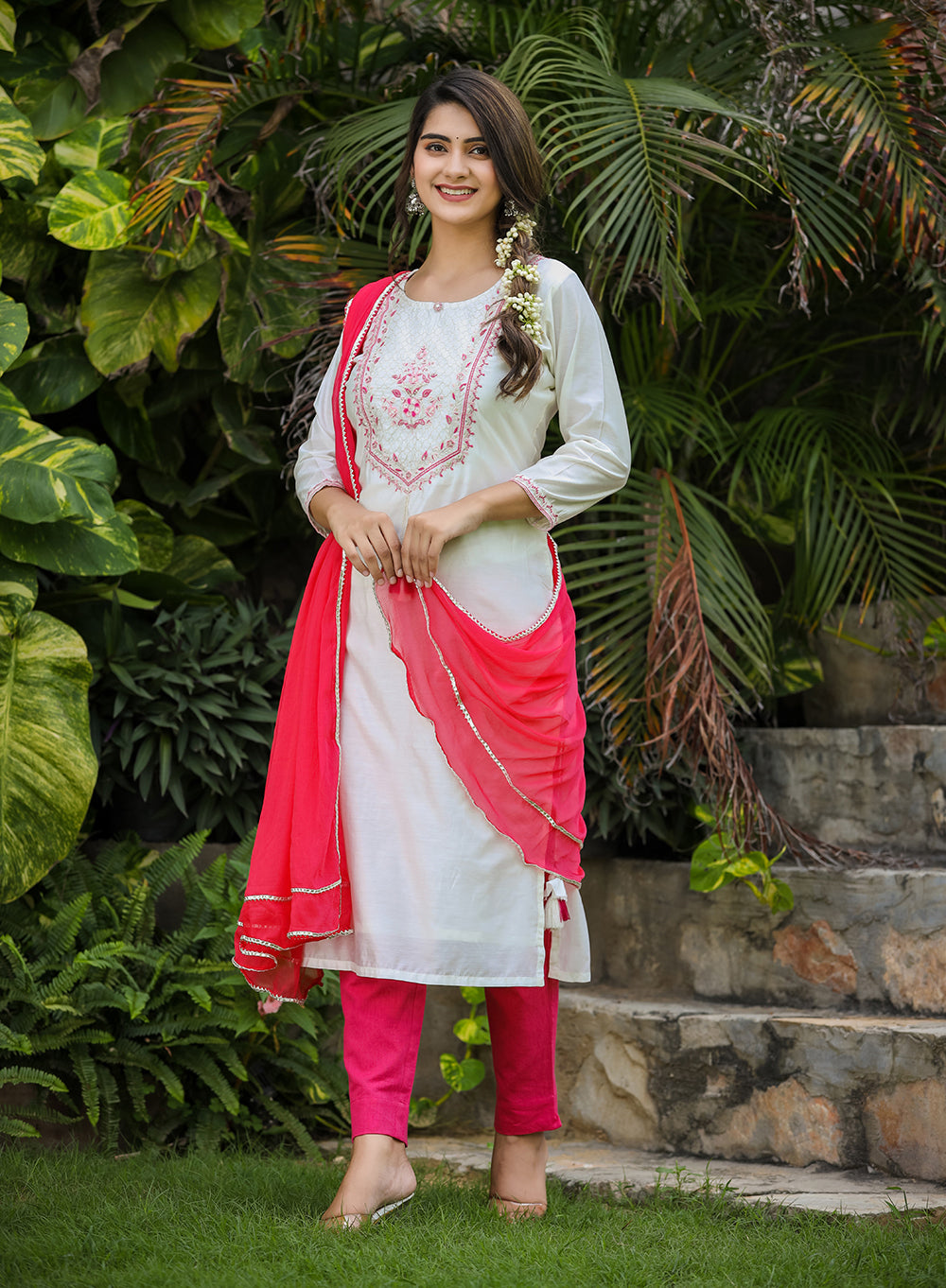 White-Pink Modal Silk Kurta Pant Set With Dupatta