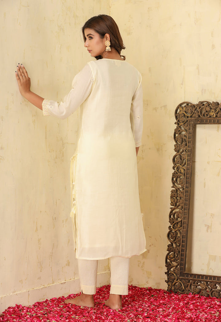Off-White Modal Silk Kurta Pant With Dupatta Set