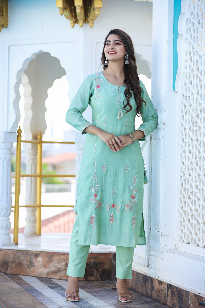 Green Floral Modal Silk Suit Set (pack of 3)
