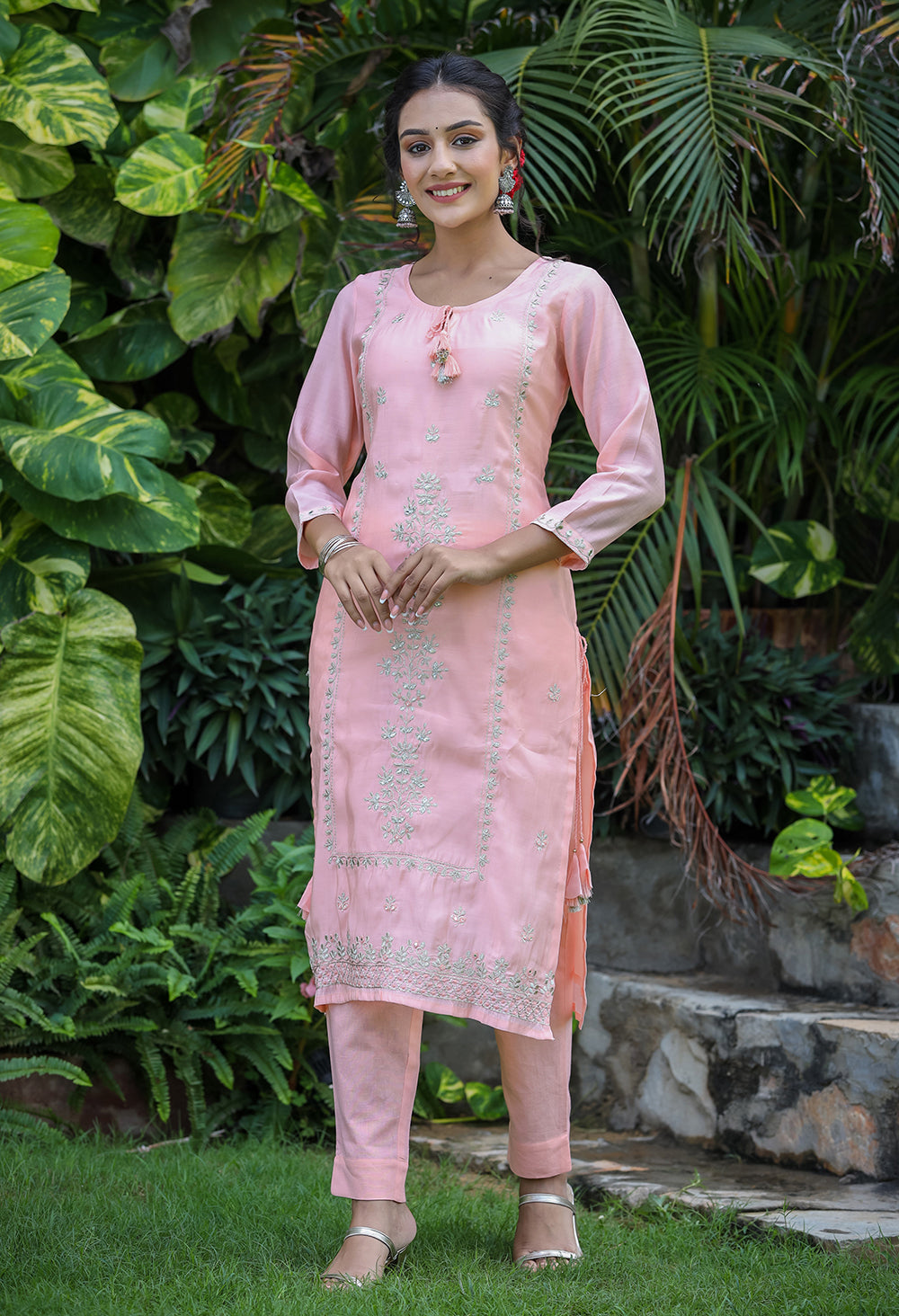 Peach All Over Embroidered Muslin Silk Suit Set