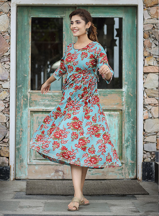 Turquoise Floral Printed Cotton Ethnic Dress (pack of 1)