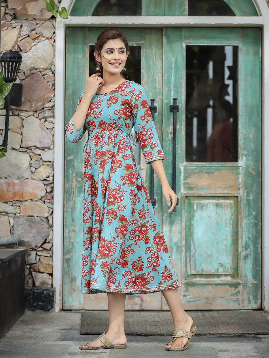 Turquoise Floral Printed Cotton Ethnic Dress (pack of 1)