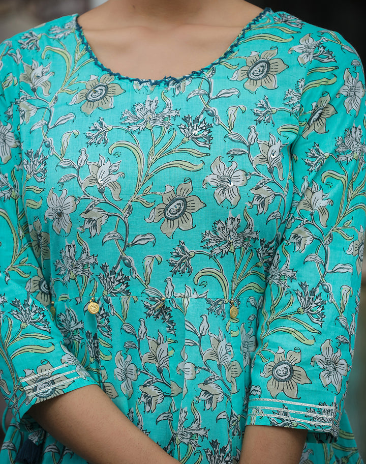 Sea Green Floral Printed Cotton Ethnic Dress (pack of 1)