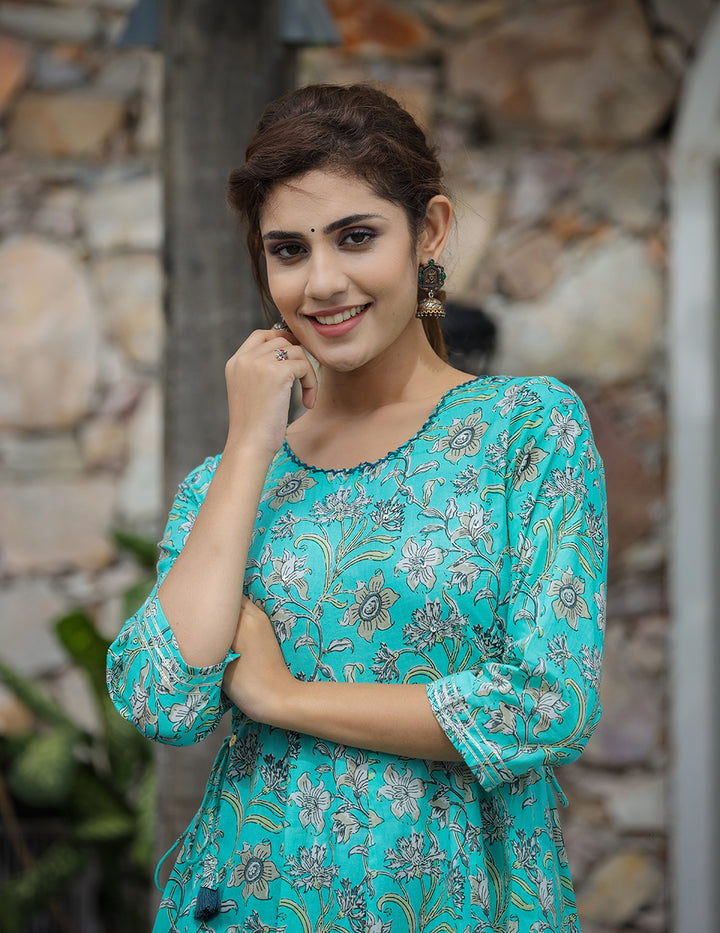 Sea Green Floral Printed Cotton Ethnic Dress
