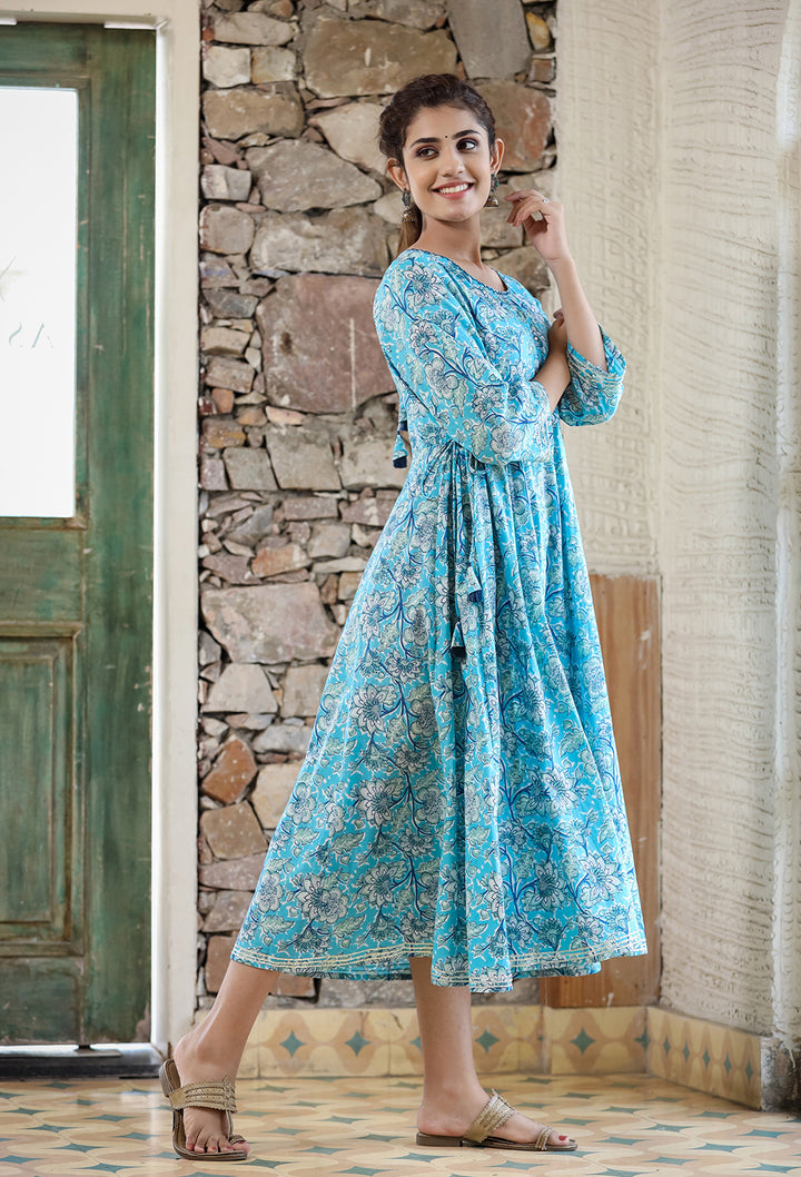 Sky Blue Floral Printed Cotton Ethnic Dress (pack of 1)