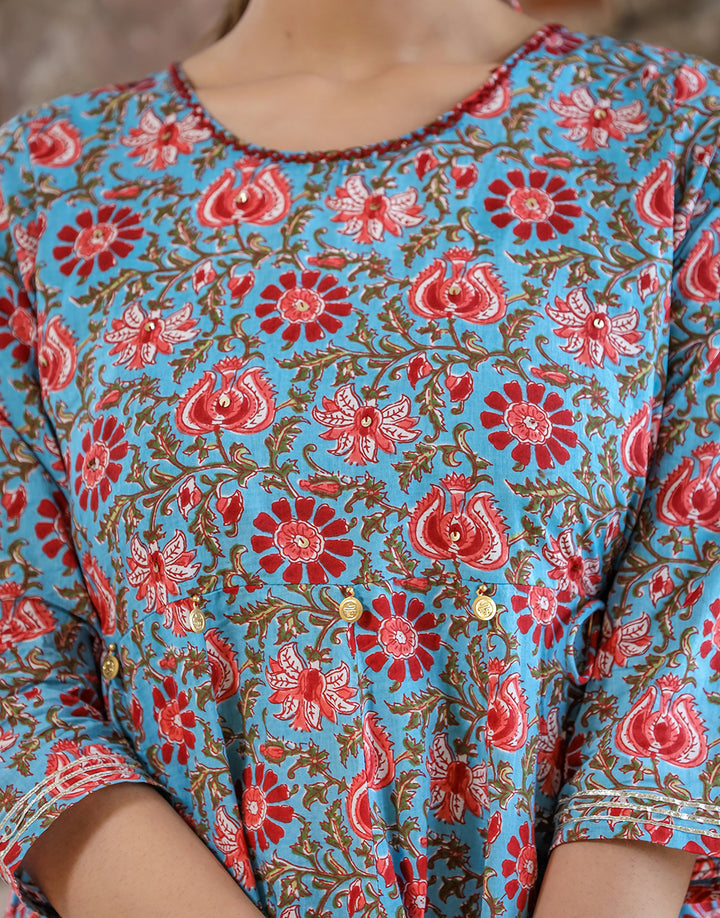 Blue Red Floral Printed Cotton Ethnic Dress (pack of 1)