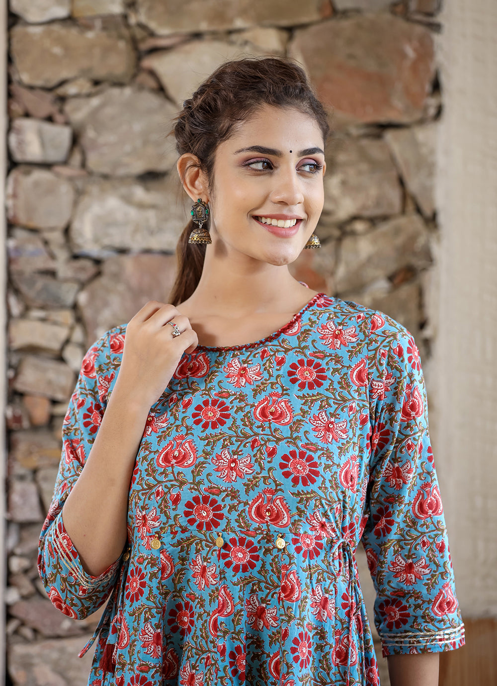 Blue Red Floral Printed Cotton Ethnic Dress (pack of 1)