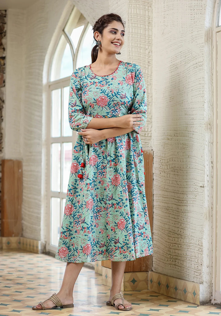 Light Green Floral Printed Cotton Ethnic Dress