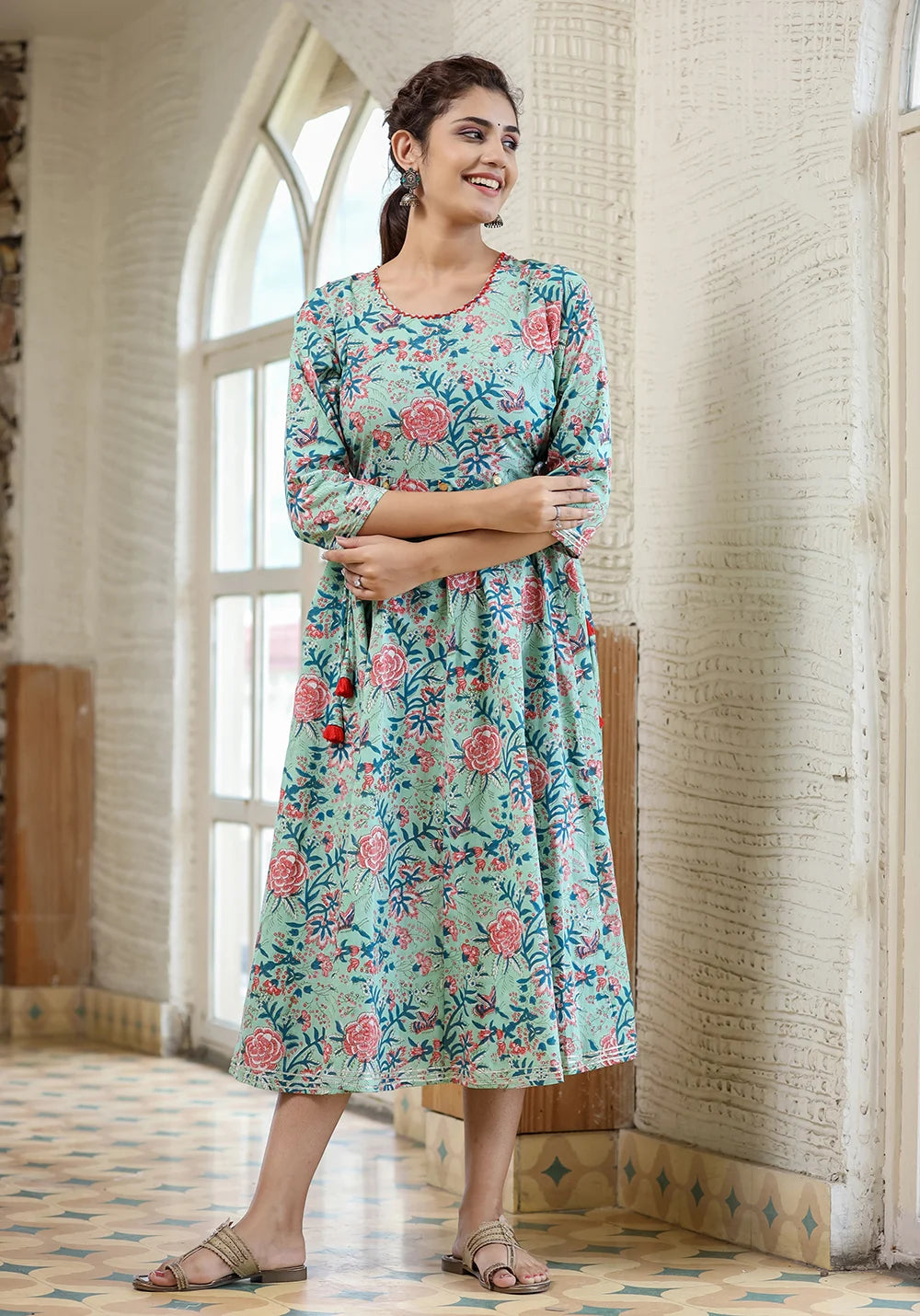 Light Green Floral Printed Cotton Ethnic Dress (pack of 1)