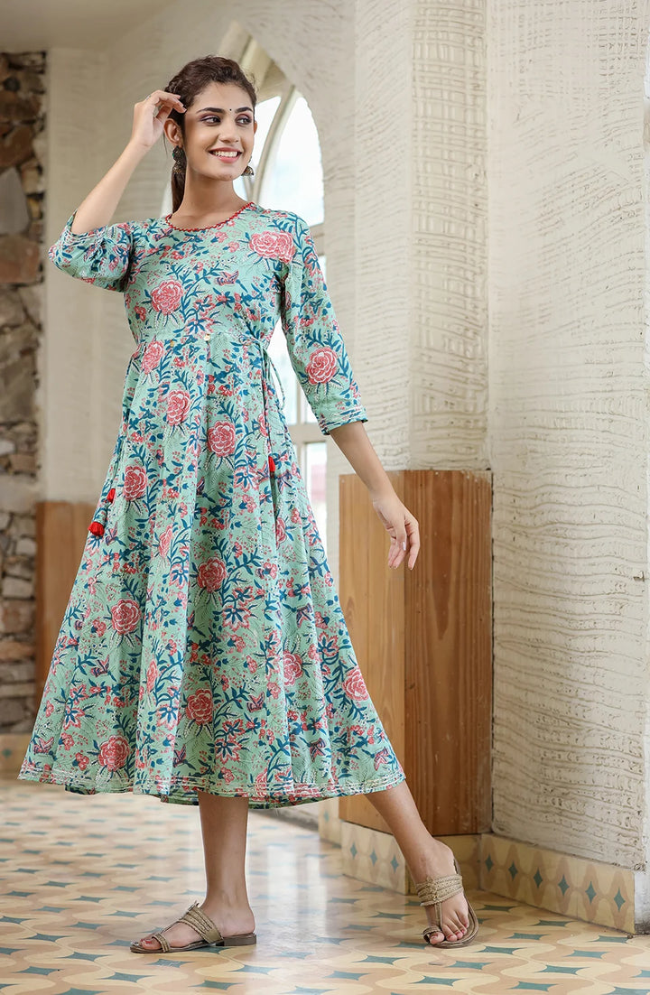 Light Green Floral Printed Cotton Ethnic Dress
