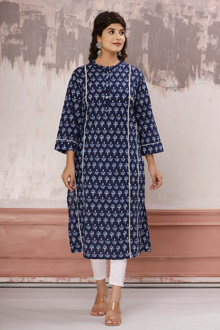 Buy Indigo Floral Cotton Short Kurti for Women | Best Block Printed Full Sleeve Kurta
