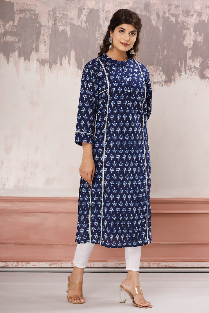 Buy Indigo Floral Cotton Short Kurti for Women | Best Block Printed Full Sleeve Kurta