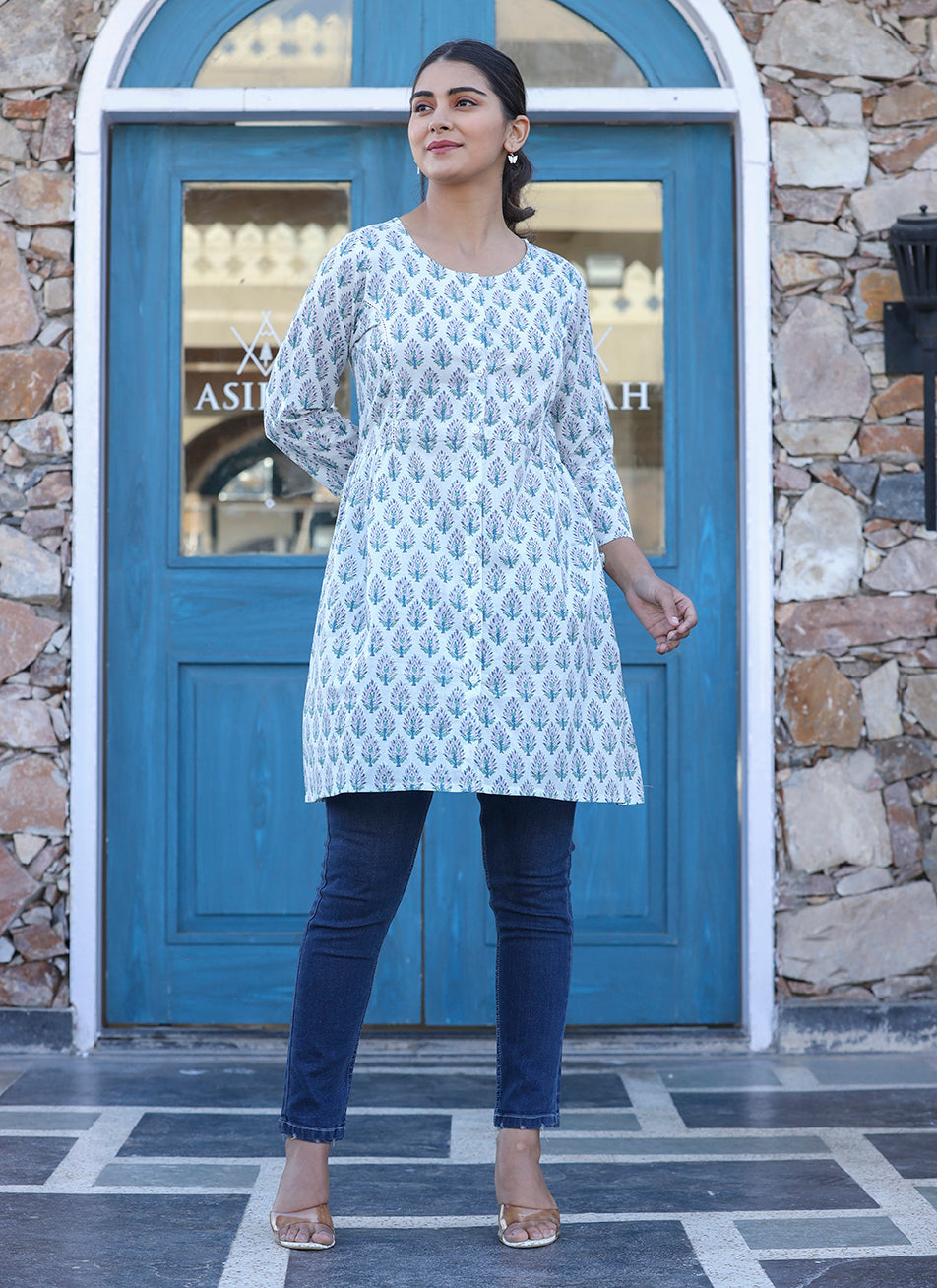 White Printed Cotton Shirt Style Tunic Top (pack of 1)
