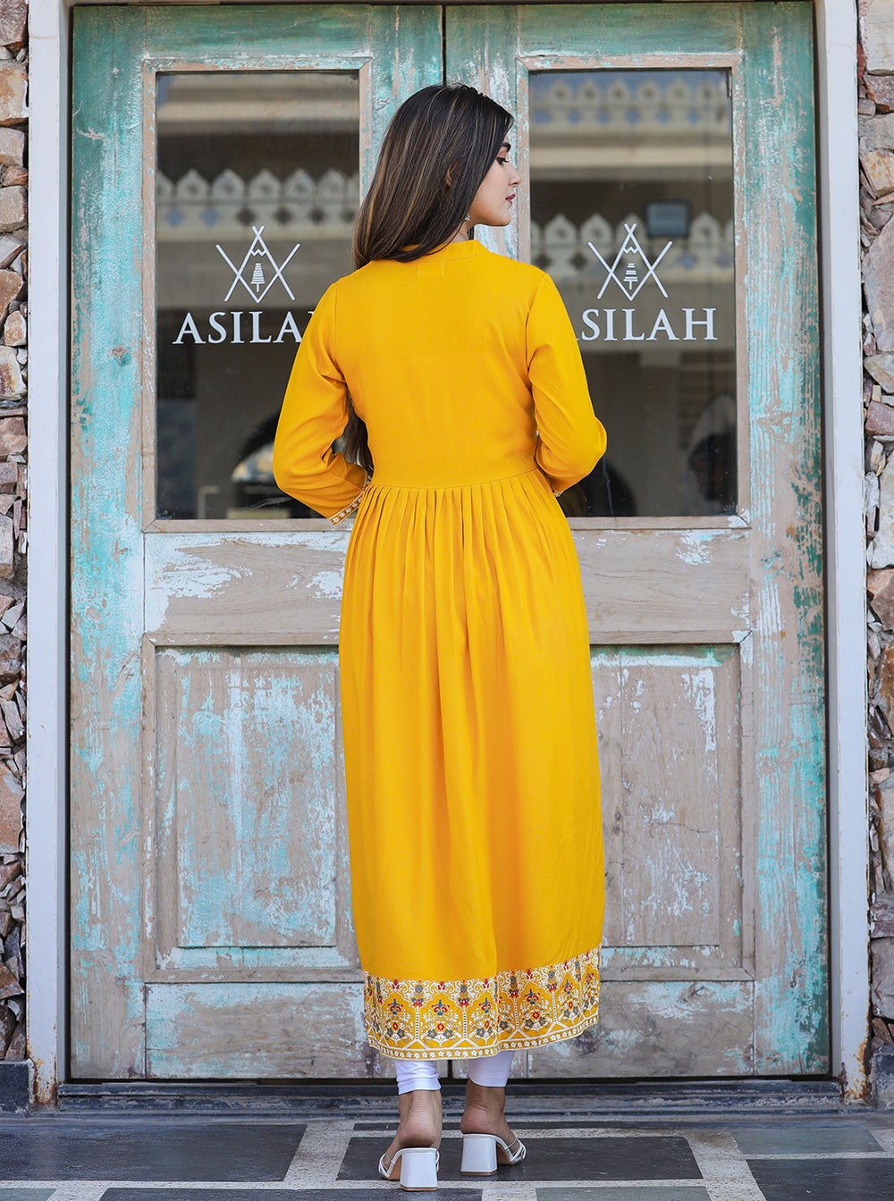 Rayon Printed Yellow Side Slit Long Ethnic Dress