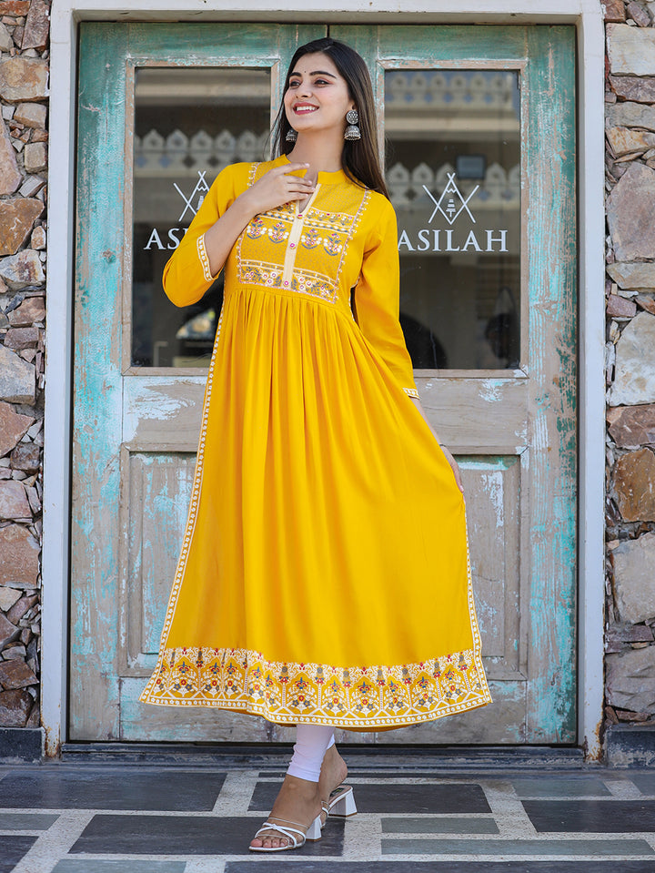 Rayon Printed Yellow Side Slit Long Ethnic Dress