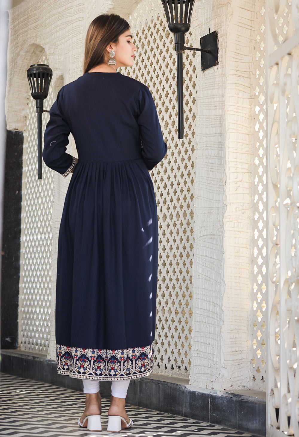Rayon Printed Navy Blue Side Slit Long Ethnic Dress