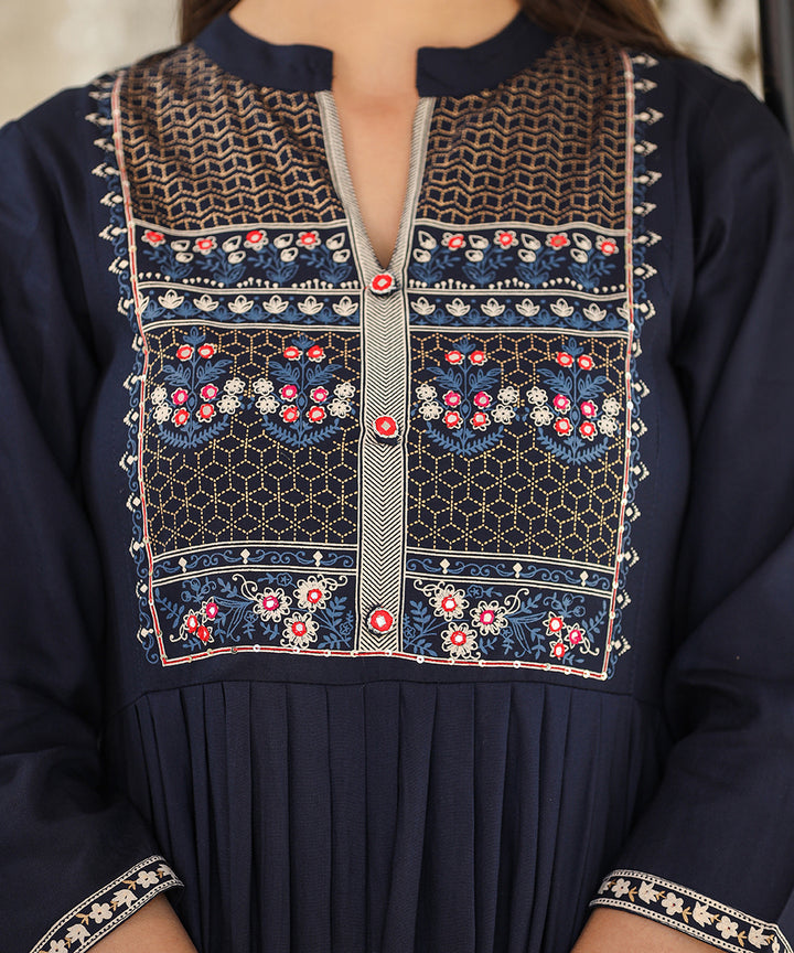 Rayon Printed Navy Blue Side Slit Long Ethnic Dress
