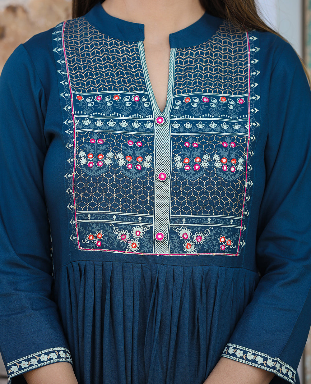 Rayon Printed Teal Side Slit Long Ethnic Dress