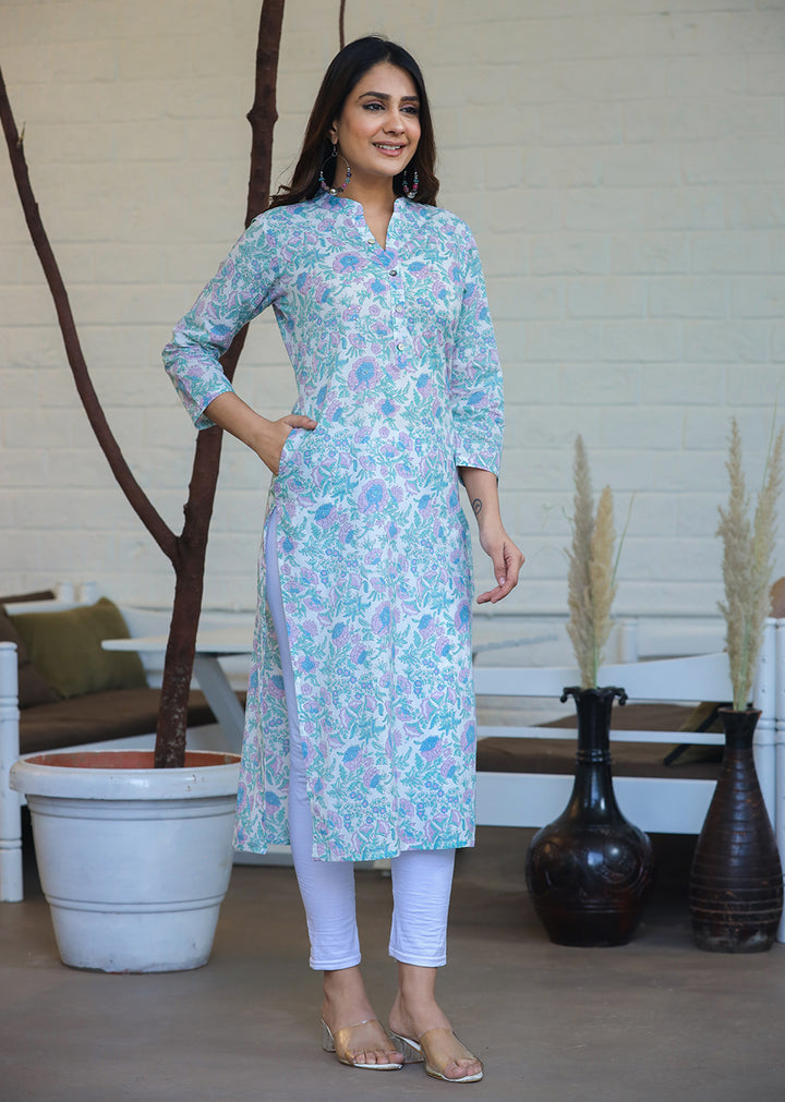Buy a Blue Casual Kurta | Pure Cotton Ethnic Kurta Online for Ladies 