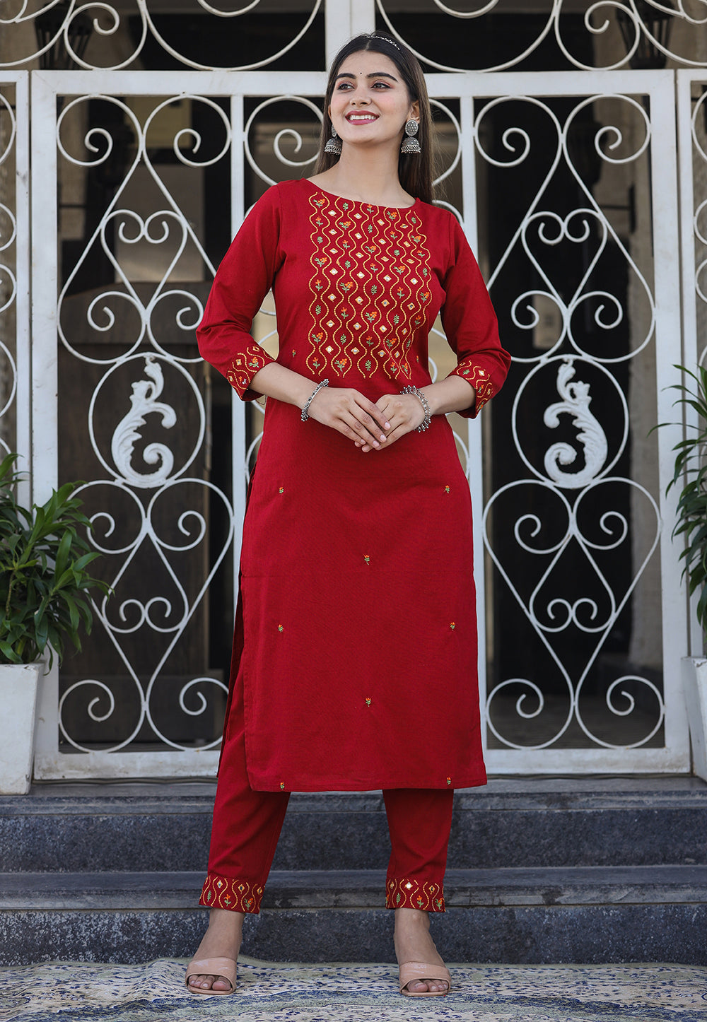 Buy Maroon Embroidery Cotton Kurti and Pant Set
