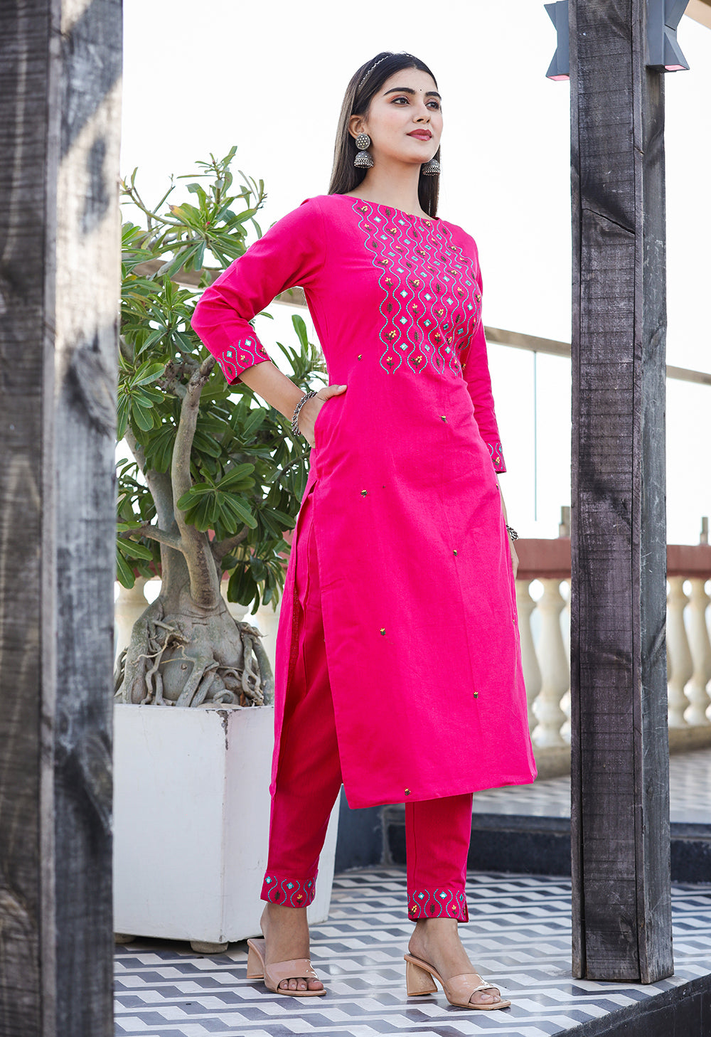 Buy Pink Embroidery Cotton Kurti and Pant Set | Best Ethnic Dress for Women