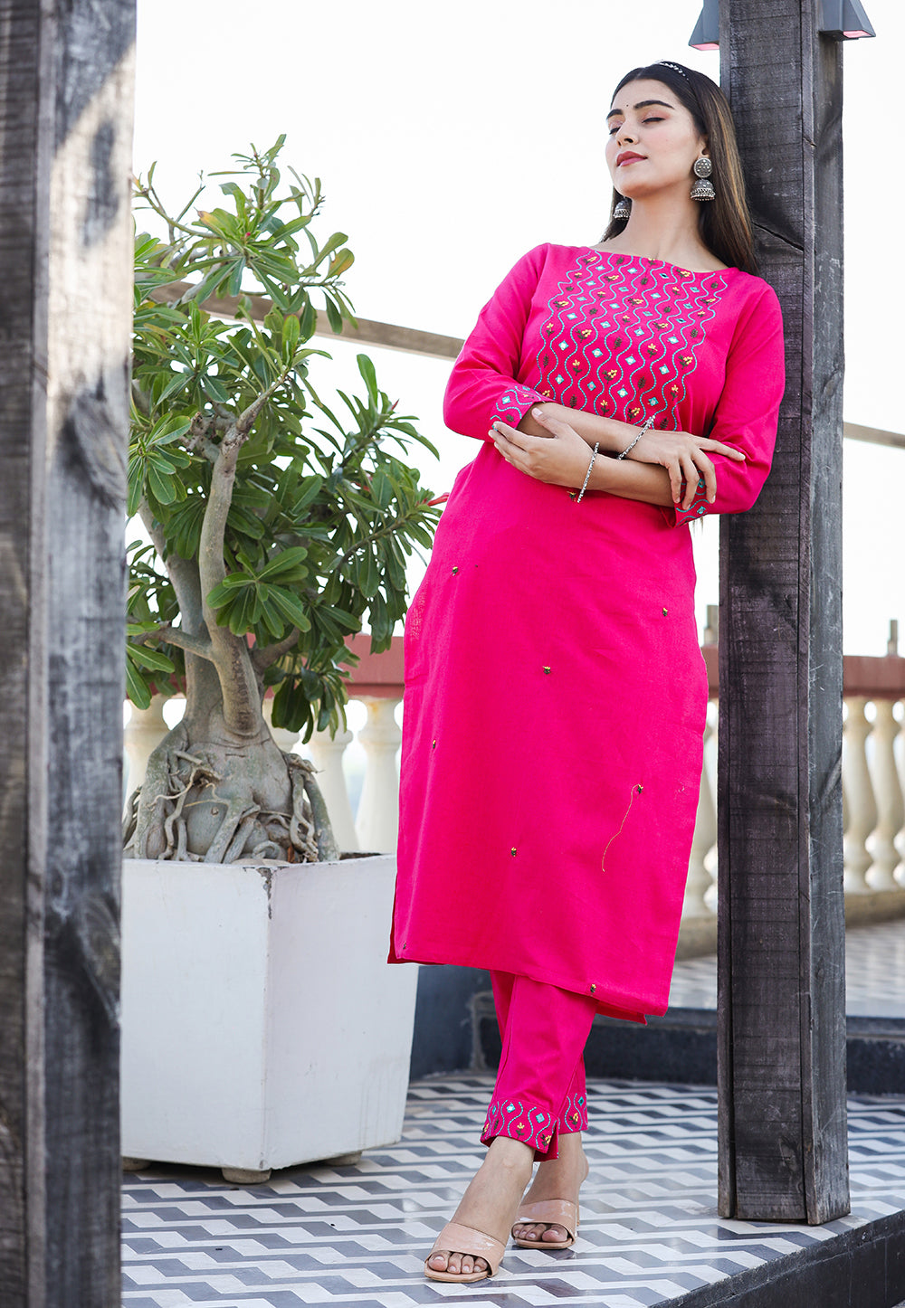 Buy Pink Embroidery Cotton Kurti and Pant Set | Best Ethnic Dress for Women