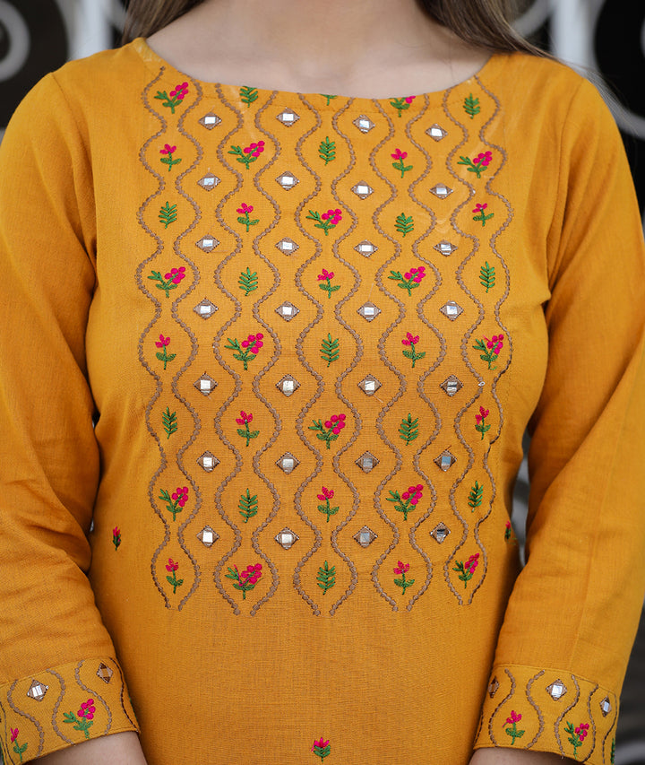Mustard Embroidered Cotton Kurta Pant Set (set of 2)