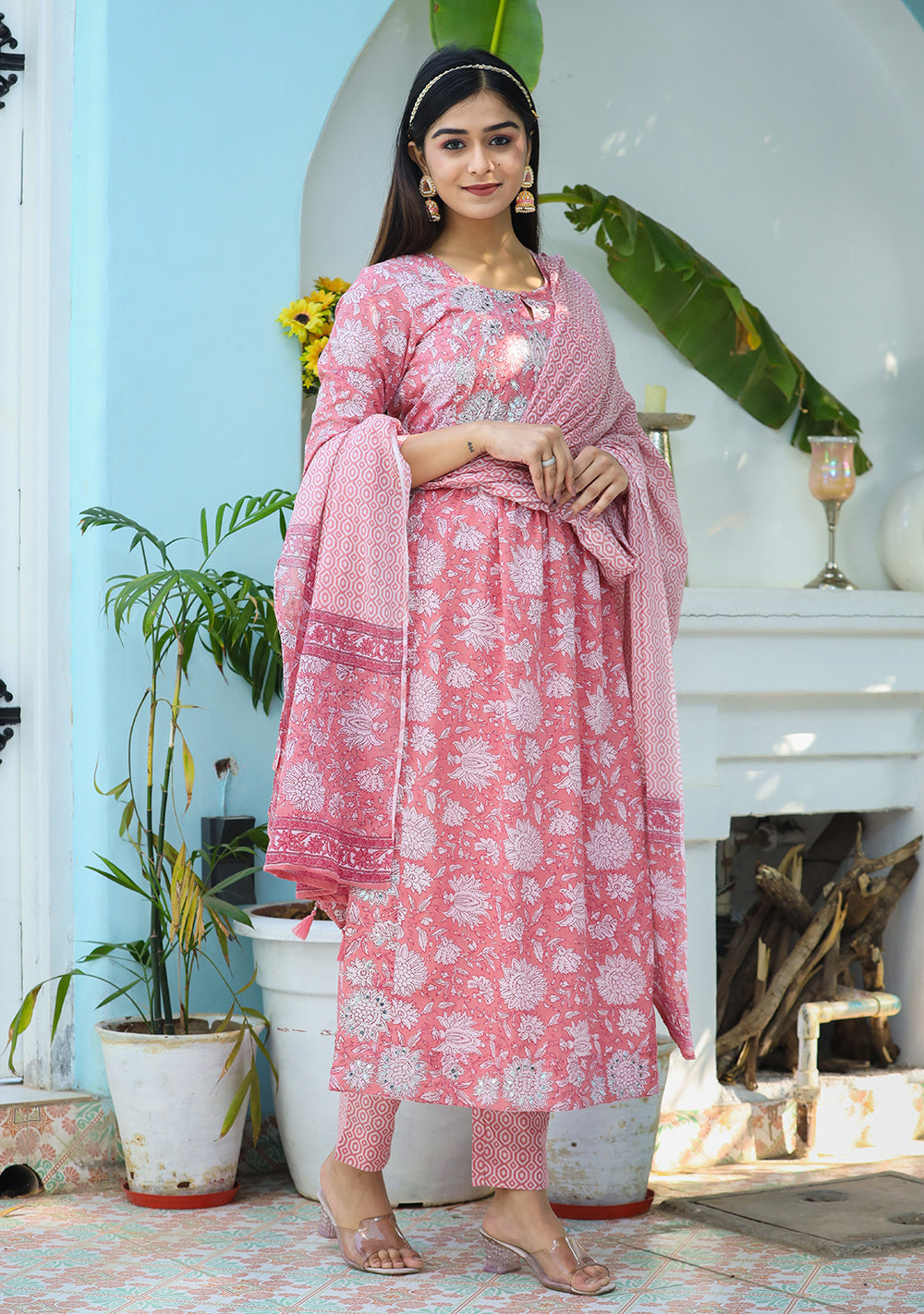 Pink Floral Print Cotton Kurta Pant With Dupatta Set (pack of 3)